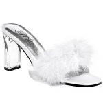 Pleaser Luxe White Marabou 3 1/4″ Heel Slippers available from Lingerie.com.au